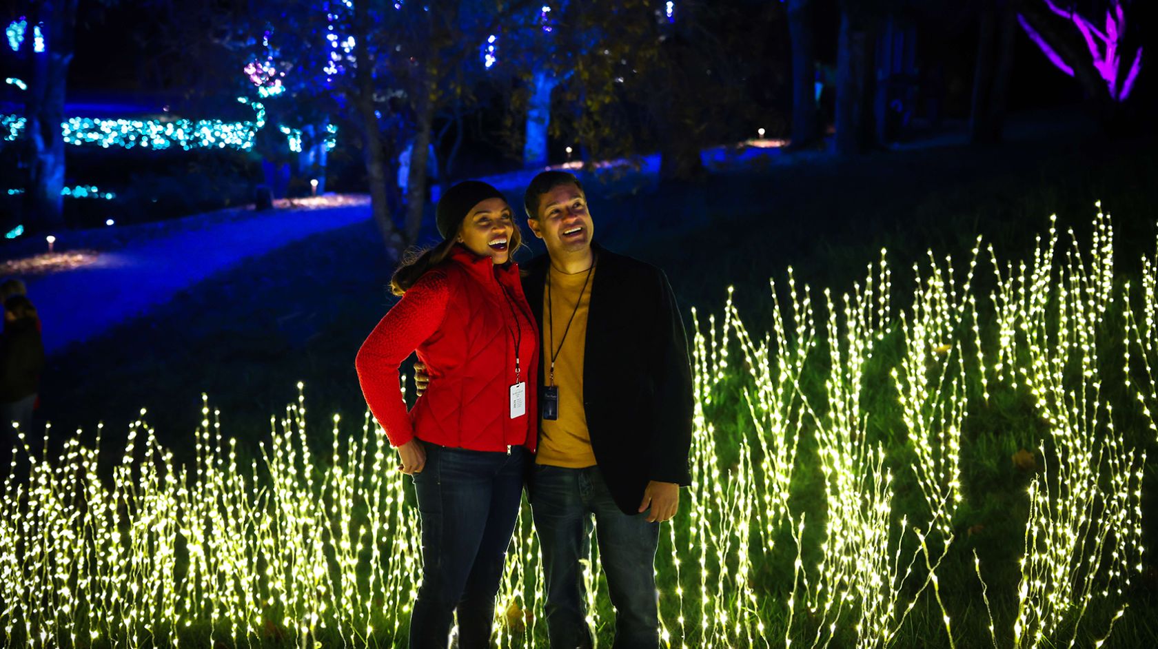 Couple at holiday lights display